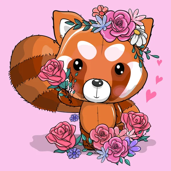 Söt Tecknad Röd Panda Med Blommor Vektor Illustration — Stock vektor
