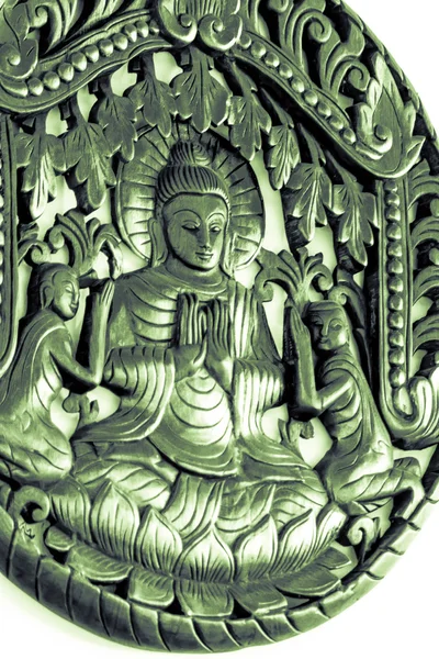 Měkká a rozmazaný zaměření Buddha zdi dřeva vyřezat (detail — Stock fotografie