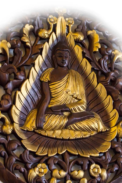 Fuoco morbido e sfocato Buddha intagliare il legno della parete (primo piano — Foto Stock