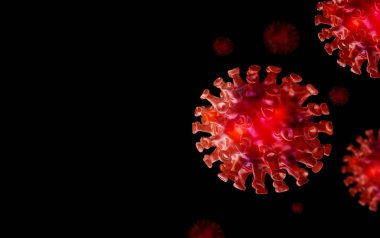 COVID-19, Corona virüsü, grip virüsü, mikroskop altında bakteri hücresi enfeksiyonu. 3D görüntüleme, Corona virüsü.