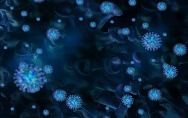 COVID-19, Corona virüsü, grip virüsü, mikroskop altında bakteri hücresi enfeksiyonu. 3D görüntüleme, Corona virüsü.