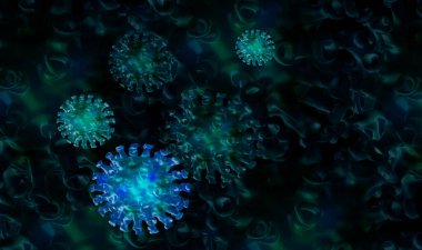 COVID-19, Corona virüsü, grip virüsü, mikroskop altında bakteri hücresi enfeksiyonu. 3D görüntüleme, Corona virüsü.