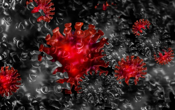 显微镜下观察Covid Corona病毒 Flu病毒 细菌感染概念 Corona病毒的3D渲染 — 图库照片