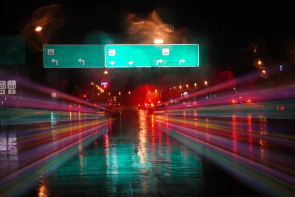 Blurred Car Light Reflexion Road Wet Night City Speed Light — Photo