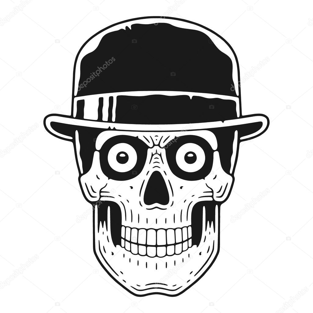 Skull head in the hat. Retro illustration engraving woodcut style.