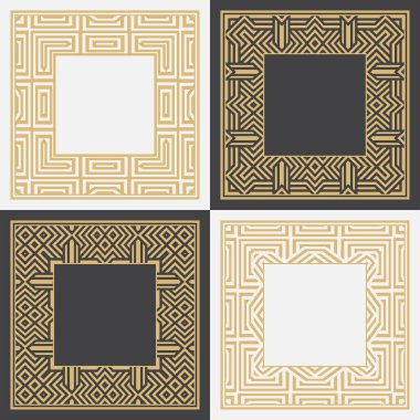 Dekoratif dairesel süs seti. Geometrik dikdörtgen şekilli çerçeveler. Lüks malların, logoların, monogramların tasarım elementlerinin sanat süsü. Vektör illüstrasyonu.
