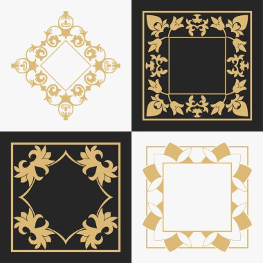 Dairesel süs seti. Geometrik dikdörtgen şekilli çerçeveler metin için yer alıyor. Lüks malların, logoların, monogramların tasarım elementlerinin sanat süsü. Vektör illüstrasyonu