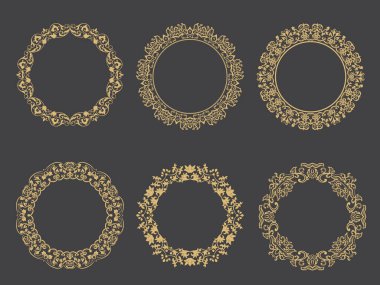 Dairesel barok süsü. Altın dekoratif çerçeve. Mesajın yeri. Monogram, logo, düğün davetiyesi, menü için kullanılabilir. Vektör grafikleri.