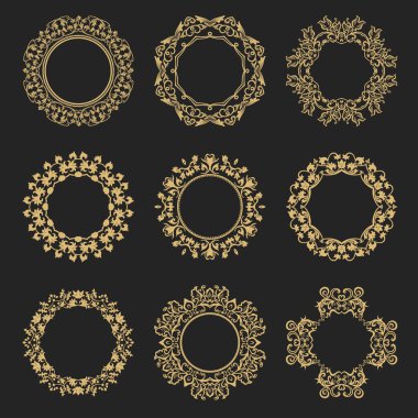 Dairesel barok süsü. Altın dekoratif çerçeve. Mesajın yeri. Monogram, logo, düğün davetiyesi, menü için kullanılabilir. Vektör grafikleri.