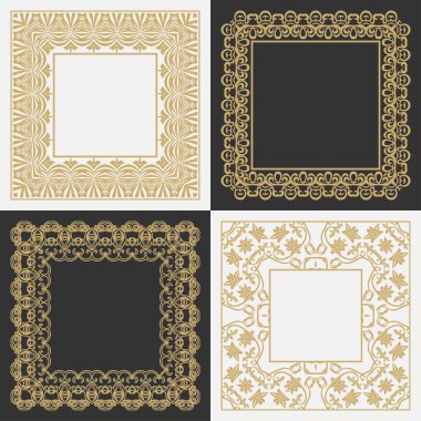 Dairesel süs seti. Geometrik dikdörtgen şekilli çerçeveler. Mesaj için yer. Lüks malların, logoların, monogramların tasarım elementlerinin sanat süsü. Vektör illüstrasyonu