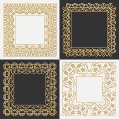 Dairesel süs seti. Geometrik dikdörtgen şekilli çerçeveler. Mesaj için yer. Lüks malların, logoların, monogramların tasarım elementlerinin sanat süsü. Vektör illüstrasyonu
