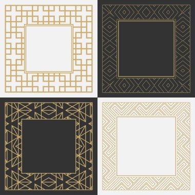 Dairesel süs seti. Geometrik dikdörtgen şekilli çerçeveler. Mesaj için yer. Lüks malların, logoların, monogramların tasarım elementlerinin sanat süsü. Vektör illüstrasyonu