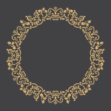 Dekoratif altın çerçeveli. Dairesel barok süsü. Mesajın yeri. Monogram, logo, düğün davetiyesi, menü için kullanılabilir. Vektör grafikleri.