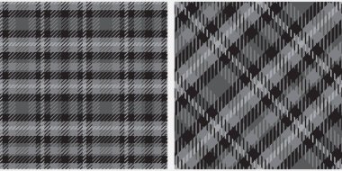 Tartan deseni ayarlandı. Soyut siyah beyaz ekoseli arkaplan. Düz ve eğimli İskoç kafesi. Kumaşlar, gömlekler ve tekstil üzerine vektör grafikleri.