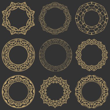 Klasik dairesel süs kur. Dekoratif yuvarlak çerçeveler. Mesaj için yer. Lüks malların, logoların, monogramların tasarım elementlerinin sanat süsü. Vektör illüstrasyonu.