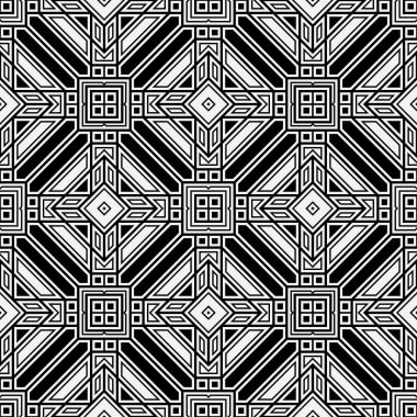 Kusursuz vektör desenleri. Düzenli açısal şekiller, eşkenar dörtgen ve çizgi tekrarlı soyut monokrom dokusu. Kafes grafik tasarımı.