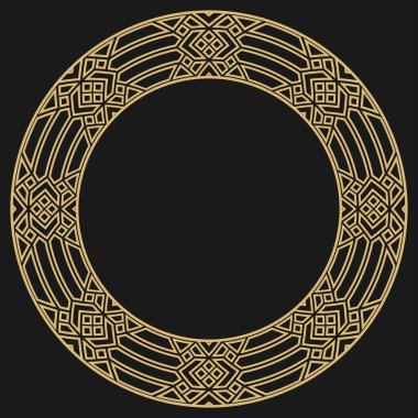 Dairesel dekoratif çerçeve. Geometrik altın dekoratif süs ve metin için yer. Monogram, tebrik kartı, düğün davetiyesi. Vektör grafikleri.