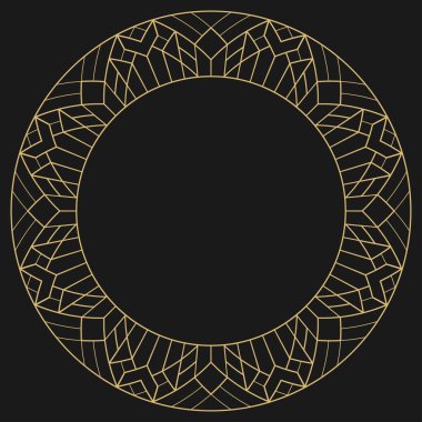 Dairesel dekoratif çerçeve. Geometrik altın dekoratif süs ve metin için yer. Monogram, tebrik kartı, düğün davetiyesi. Vektör grafikleri.