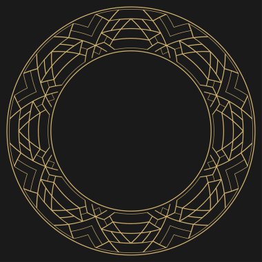 Dairesel dekoratif çerçeve. Geometrik altın dekoratif süs ve metin için yer. Monogram, tebrik kartı, düğün davetiyesi. Vektör grafikleri.