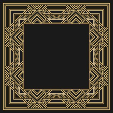 Dairesel dekoratif çerçeve. Geometrik altın dekoratif süs ve metin için yer. Monogram, tebrik kartı, düğün davetiyesi. Vektör grafikleri.