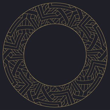Dairesel dekoratif çerçeve. Geometrik altın dekoratif süs ve metin için yer. Monogram, tebrik kartı, düğün davetiyesi. Vektör grafikleri.