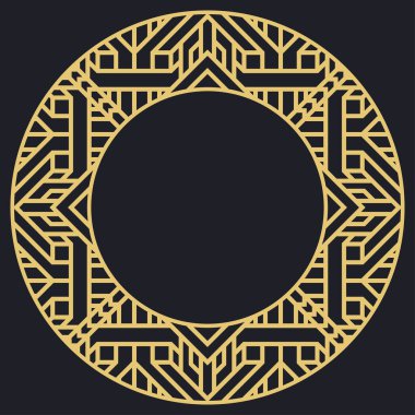 Dairesel dekoratif çerçeve. Geometrik altın dekoratif süs ve metin için yer. Monogram, tebrik kartı, düğün davetiyesi. Vektör grafikleri.