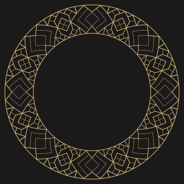 Dairesel dekoratif çerçeve. Geometrik altın dekoratif süs ve metin için yer. Monogram, tebrik kartı, düğün davetiyesi. Vektör grafikleri.