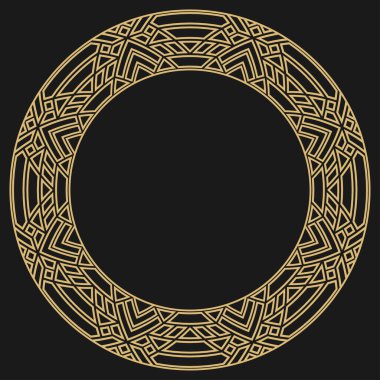 Dairesel dekoratif çerçeve. Geometrik altın dekoratif süs ve metin için yer. Monogram, tebrik kartı, düğün davetiyesi. Vektör grafikleri.