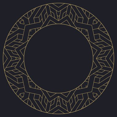 Dairesel dekoratif çerçeve. Geometrik altın dekoratif süs ve metin için yer. Monogram, tebrik kartı, düğün davetiyesi. Vektör grafikleri.
