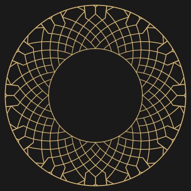 Dairesel dekoratif çerçeve. Geometrik altın dekoratif süs ve metin için yer. Monogram, tebrik kartı, düğün davetiyesi. Vektör grafikleri.