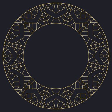 Dairesel dekoratif çerçeve. Geometrik altın dekoratif süs ve metin için yer. Monogram, tebrik kartı, düğün davetiyesi. Vektör grafikleri.