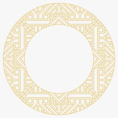Dairesel dekoratif çerçeve. Geometrik altın dekoratif süs ve metin için yer. Monogram, tebrik kartı, düğün davetiyesi. Vektör grafikleri.