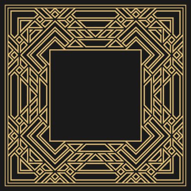 Dairesel dekoratif çerçeve. Geometrik altın dekoratif süs ve metin için yer. Monogram, tebrik kartı, düğün davetiyesi. Vektör grafikleri.