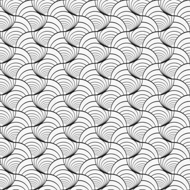Soyut siyah beyaz arka plan tasarımı. İnce çizgileri olan kusursuz geometrik desen. Oval şekiller, yarım daire, yay. Vektör yinelenen doku.