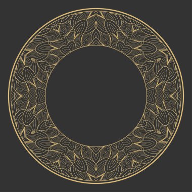 Dairesel dekoratif çerçeve. Geometrik altın dekoratif süs ve metin için yer. Monogram, tebrik kartı, düğün davetiyesi. Vektör grafikleri.