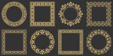 Dairesel süs seti. Yuvarlak ve dikdörtgen şekilli çerçeveler. Mesaj için yer. Lüks malların, logoların, monogramların tasarım elementlerinin sanat süsü. Vektör illüstrasyonu.
