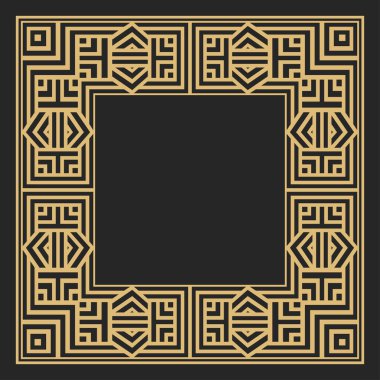 Dairesel dekoratif çerçeve. Geometrik altın dekoratif süs ve metin için yer. Monogram, tebrik kartı, düğün davetiyesi. Vektör grafikleri.