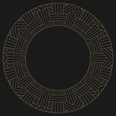 Dairesel dekoratif çerçeve. Geometrik altın dekoratif süs ve metin için yer. Monogram, tebrik kartı, düğün davetiyesi. Vektör grafikleri.