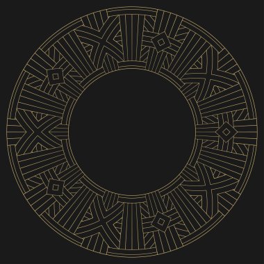 Dairesel dekoratif çerçeve. Geometrik altın dekoratif süs ve metin için yer. Monogram, tebrik kartı, düğün davetiyesi. Vektör grafikleri.