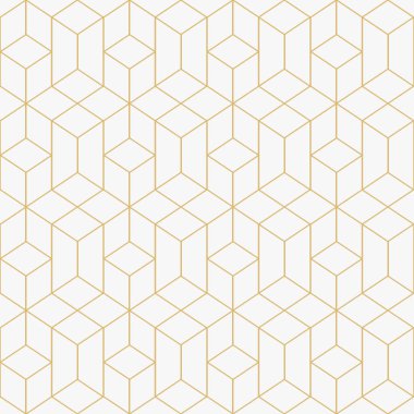 Kusursuz geometrik vektör deseni. Tekrarlayan geometrik şekilli soyut beyaz ve altın arkaplan. İnce çizgili modern doku. Bir kafesin grafik tasarımı. 