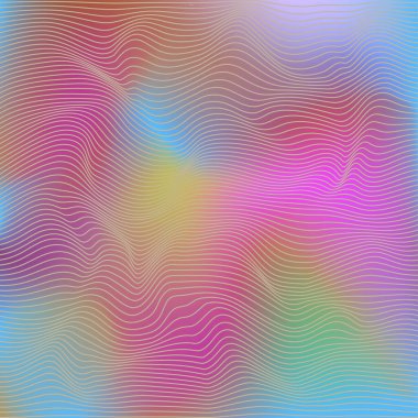 Dalgalı doğrusal soyut doku. Rahatlama mavisi, leylak sarısı, optik bozulma yanılsaması olan arka plan. Renkli gökkuşağı çizimi. Vektör grafik tasarımı.
