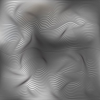 Dalgalı doğrusal soyut doku. Optik çarpıtma yanılsaması olan siyah beyaz bir arka plan. Vektör grafik tasarımı.