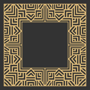 Dairesel dekoratif çerçeve. Geometrik altın dekoratif süs ve metin için yer. Monogram, tebrik kartı, düğün davetiyesi. Vektör grafikleri.