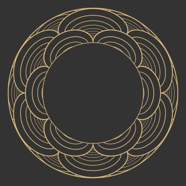 Dairesel dekoratif çerçeve. Geometrik altın dekoratif süs ve metin için yer. Monogram, tebrik kartı, düğün davetiyesi. Vektör grafikleri.