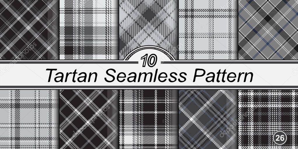 Tartan pattern set. Abstract black and white plaid seamless background. Straight and oblique scottish cage. Vector graphics printing on fabrics, shirts and textiles.