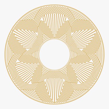 Dairesel dekoratif çerçeve. Geometrik altın dekoratif süs ve metin için yer. Monogram, tebrik kartı, düğün davetiyesi. Vektör grafikleri.