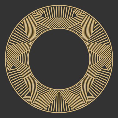 Dairesel dekoratif çerçeve. Geometrik altın dekoratif süs ve metin için yer. Monogram, tebrik kartı, düğün davetiyesi. Vektör grafikleri.