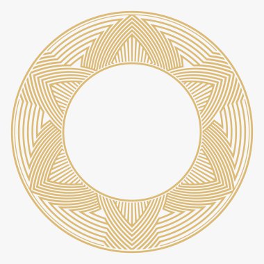 Dairesel dekoratif çerçeve. Geometrik altın dekoratif süs ve metin için yer. Monogram, tebrik kartı, düğün davetiyesi. Vektör grafikleri.