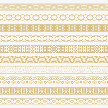 Vektör kümesi. Eski bir süs. Çeşitli sayfa ve belgelerin metin ve icrası için altın sınırlar. Tasarım elemanları. Vektör grafikleri.