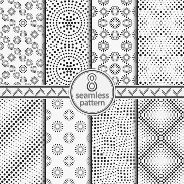 Farklı boyutlardaki siyah noktaların kusursuz vektör şablonları. Kartın tasarımı için soyut bir geometrik arkaplan, bir kapak, bir broşür.